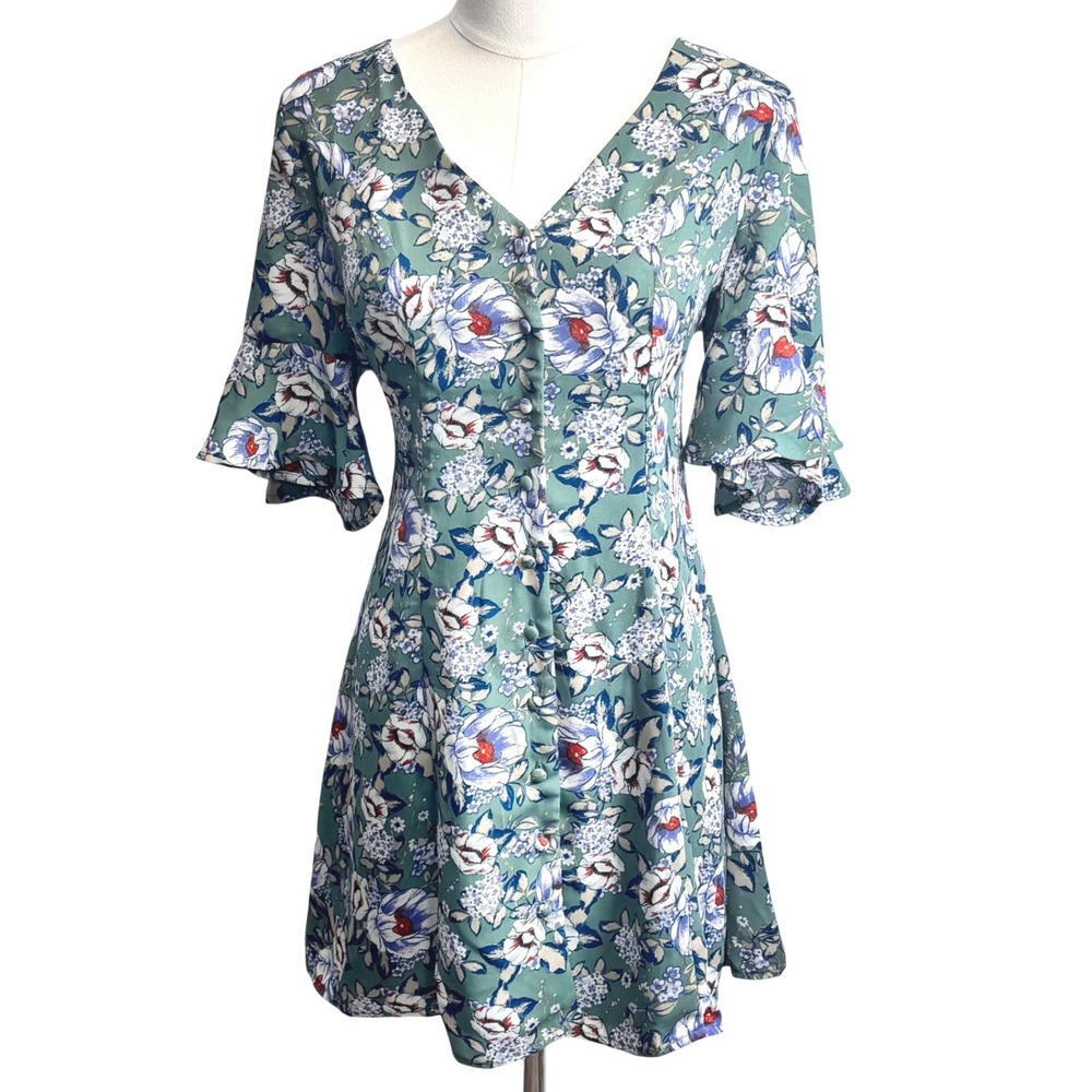 Cottagecore Button Front Mini Dress Bell Sleeve Green Floral Fairy Blue Rain S